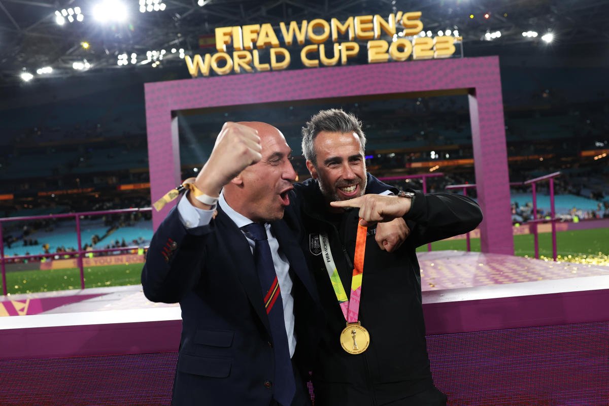 Spain's football president Luis Rubiales kisses a player during the World Cup celebrations, sparking outrage